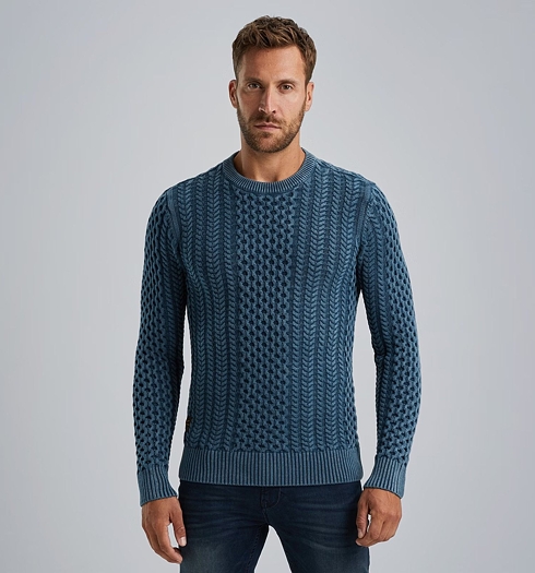 Pánský svetr PME Legend PKW2410334 5426 R-neck garment dye cable knit 5426 - PME LEGEND - PKW2410334 5426 R-neck garment dye cable knit